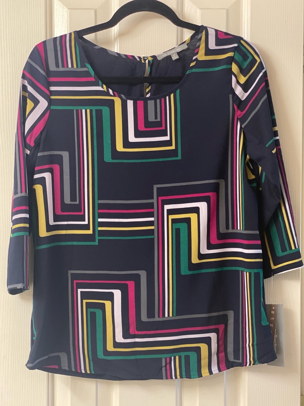 NY Collection Geometric Pattern Navy Multicolor 3/4 Sleeves Blouse Size Medium